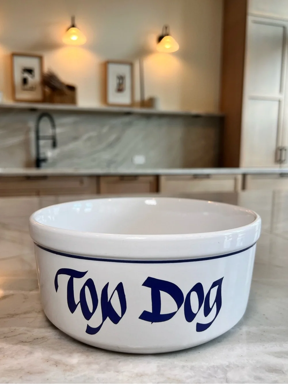 Vintage Clay Design TOP DOG ceramic dog bowl white blue pet food dish